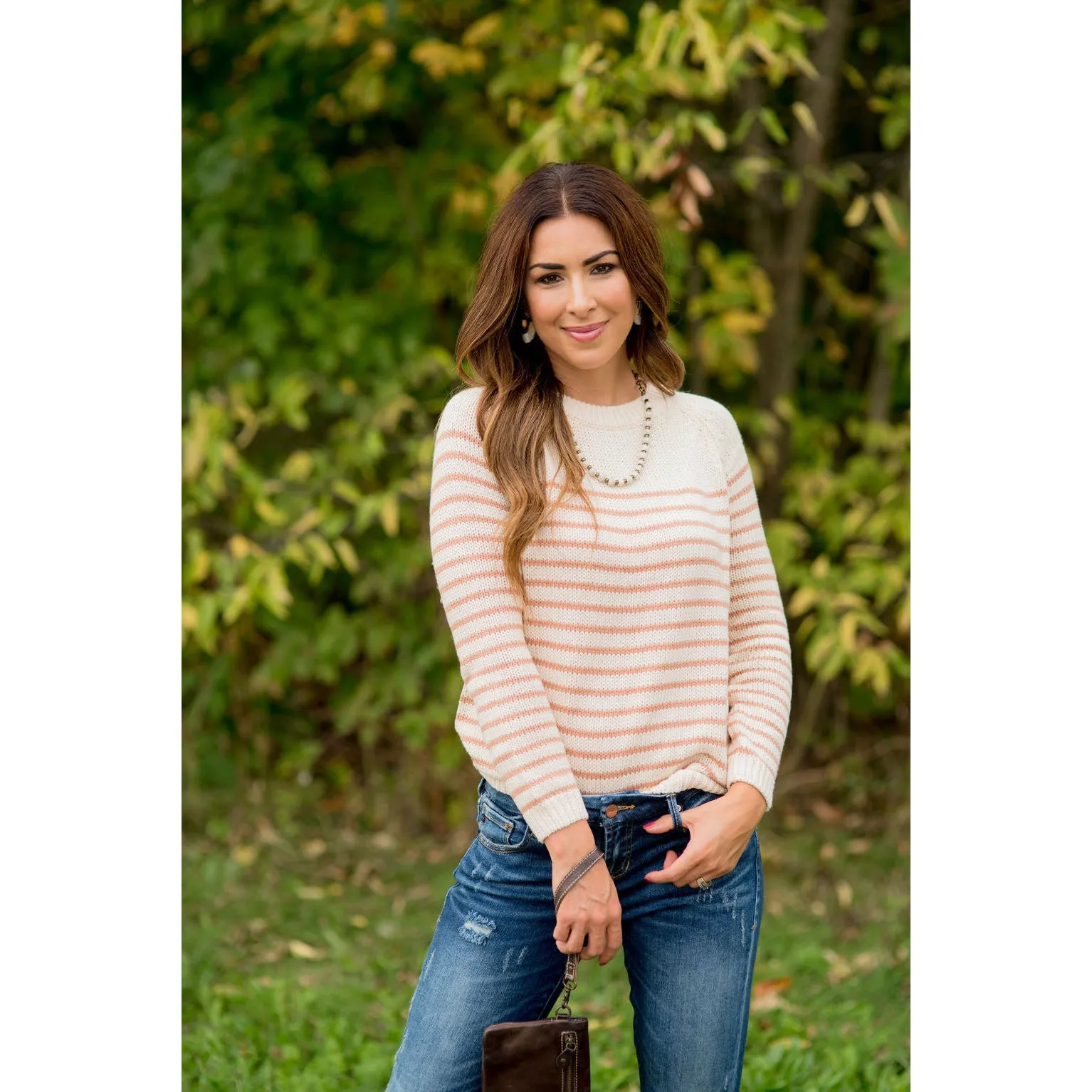 Solid Neckline Striped Knit Sweater