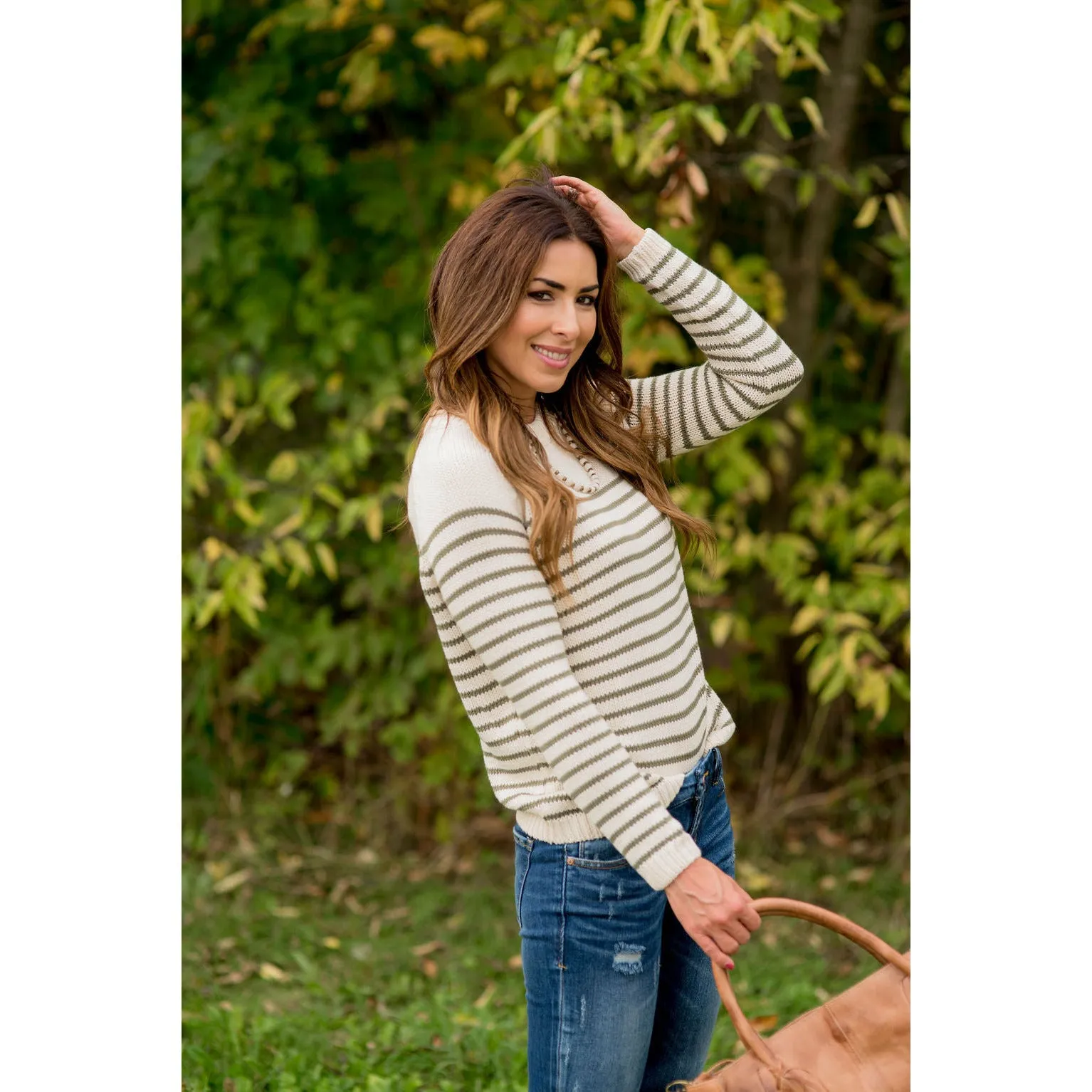 Solid Neckline Striped Knit Sweater