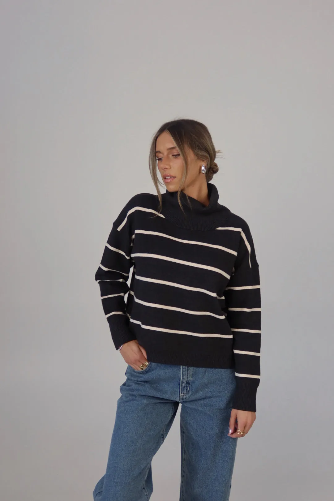 Striped Cozy Crop Turtleneck in Charcoal