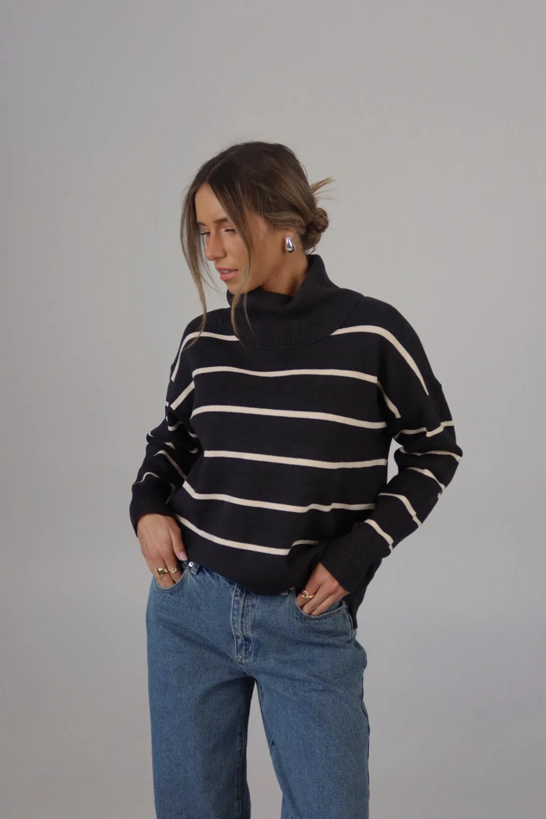 Striped Cozy Crop Turtleneck in Charcoal