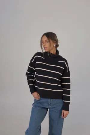 Striped Cozy Crop Turtleneck in Charcoal