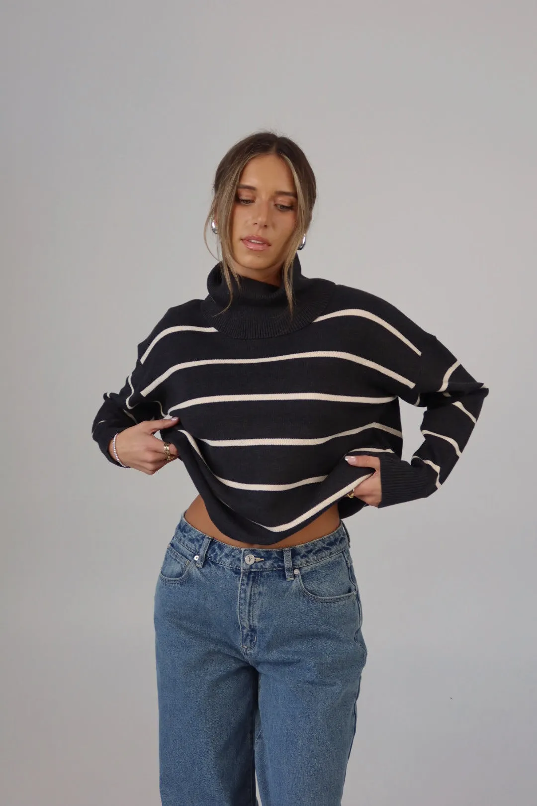 Striped Cozy Crop Turtleneck in Charcoal