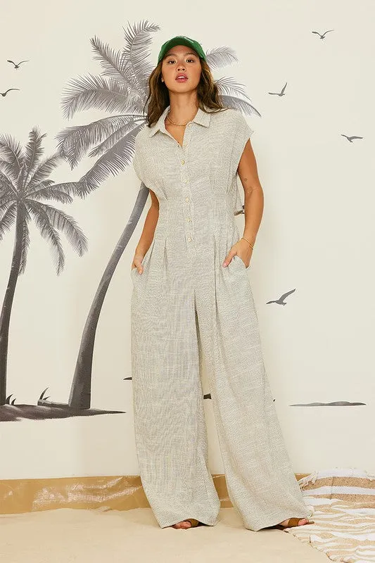 Striped Linen Cut Out Back Jumpsuit