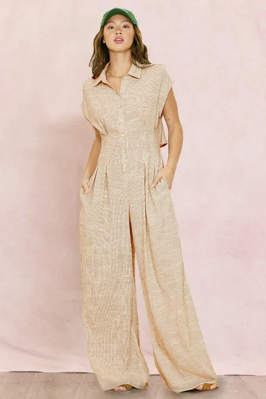 Striped Linen Cut Out Back Jumpsuit