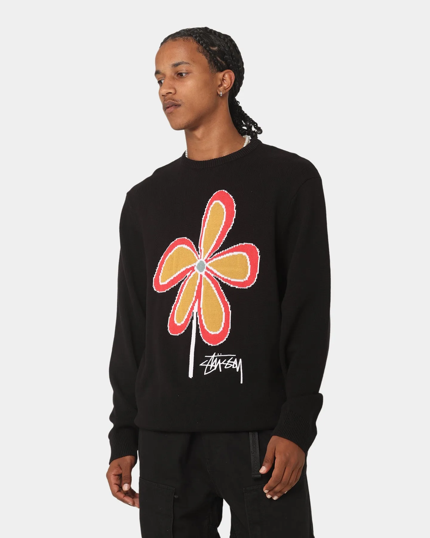 Stussy Jacquard Flower Knit Crewneck Black