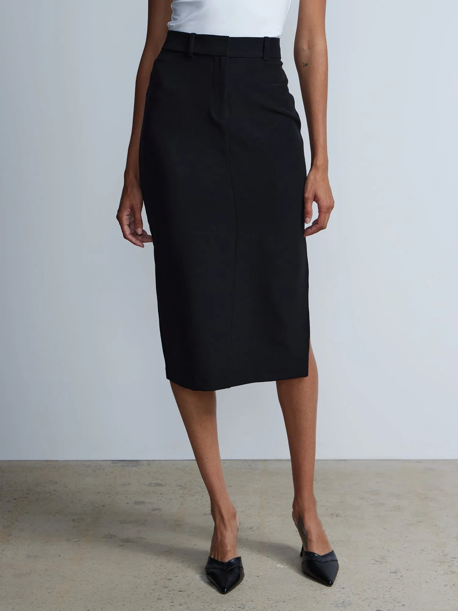 Suiting Straight Hem Side Slit Midi Skirt