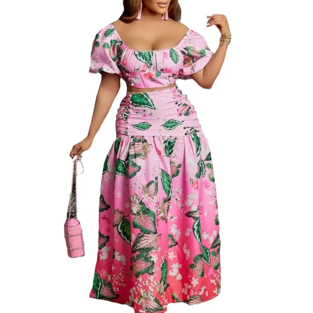 Summer Women's Suit Fashion Casual Short Top And Comfortable Long Skirt Sets Print Femininity Commuter Two-Piece Set