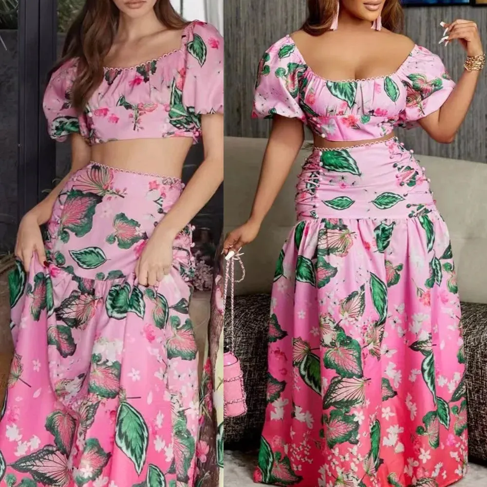 Summer Women's Suit Fashion Casual Short Top And Comfortable Long Skirt Sets Print Femininity Commuter Two-Piece Set