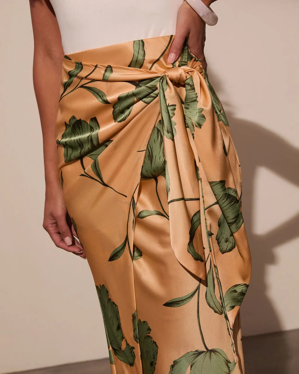 Sunlit Tropics Satin Wrap Midi Skirt