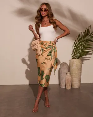 Sunlit Tropics Satin Wrap Midi Skirt