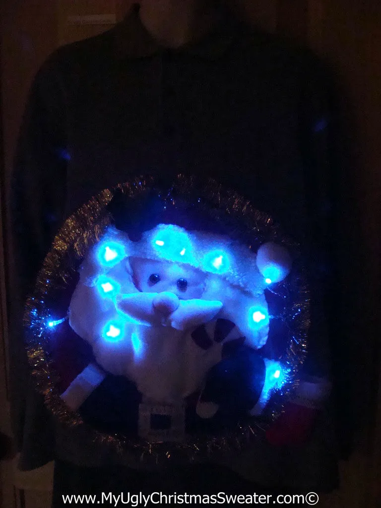 Tacky 3D Ugly Christmas Sweater XXL Mens Puffy Santa with Lights and Fringe (A43)