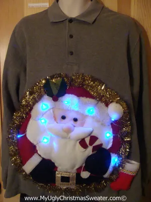 Tacky 3D Ugly Christmas Sweater XXL Mens Puffy Santa with Lights and Fringe (A43)