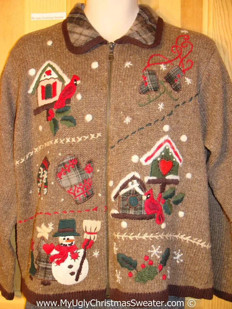 Tacky Brown Christmas Sweater with Plaid collar (f1042)