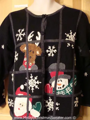 Tacky Holiday Sweater with Peeping Tom Reindeer, Santa and Snowman on Front and Back (f1000)