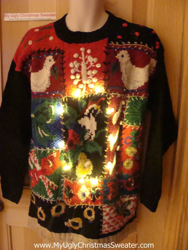 Tacky Ugly Christmas Sweater 80s Style with Crafty Grids of Decorations  with Lights and Fringe (g60)