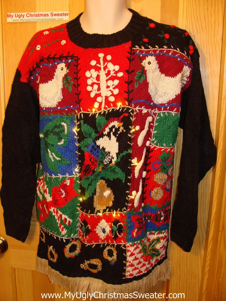 Tacky Ugly Christmas Sweater 80s Style with Crafty Grids of Decorations  with Lights and Fringe (g60)