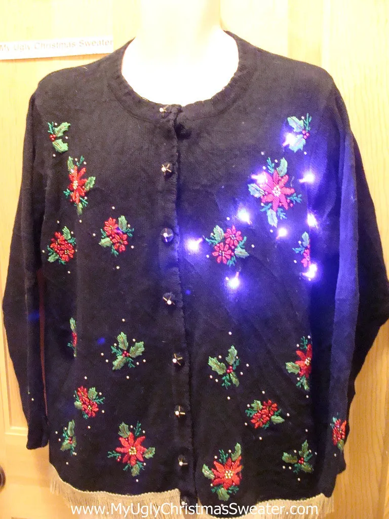 Tacky Ugly Christmas Sweater Poinsettias with Lights and Fringe (g58)