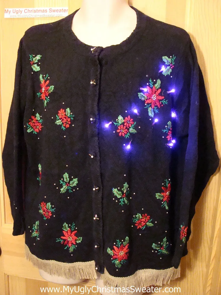 Tacky Ugly Christmas Sweater Poinsettias with Lights and Fringe (g58)