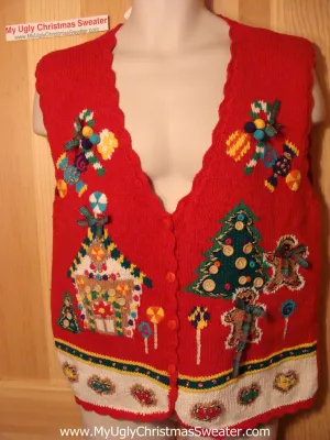 Tacky Ugly Christmas Sweater Vest 80s Classic Gingerbread House 3D Buttons & Bows  (f39)