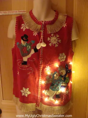 Tacky Ugly Christmas Sweater Vest with Lights and Fringe. Skating snowmen. (g27)