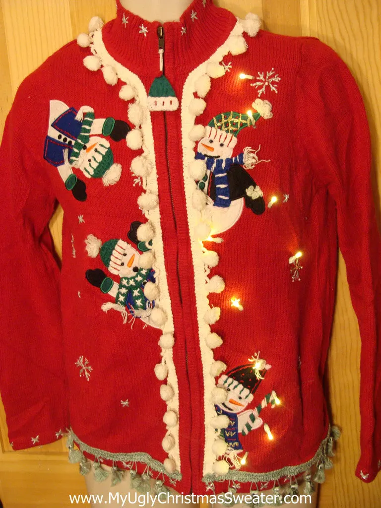 Tacky Ugly Christmas Sweater with Lights and Fringe. Peaking snowmen. 80s style padded shoulders.  (g24)