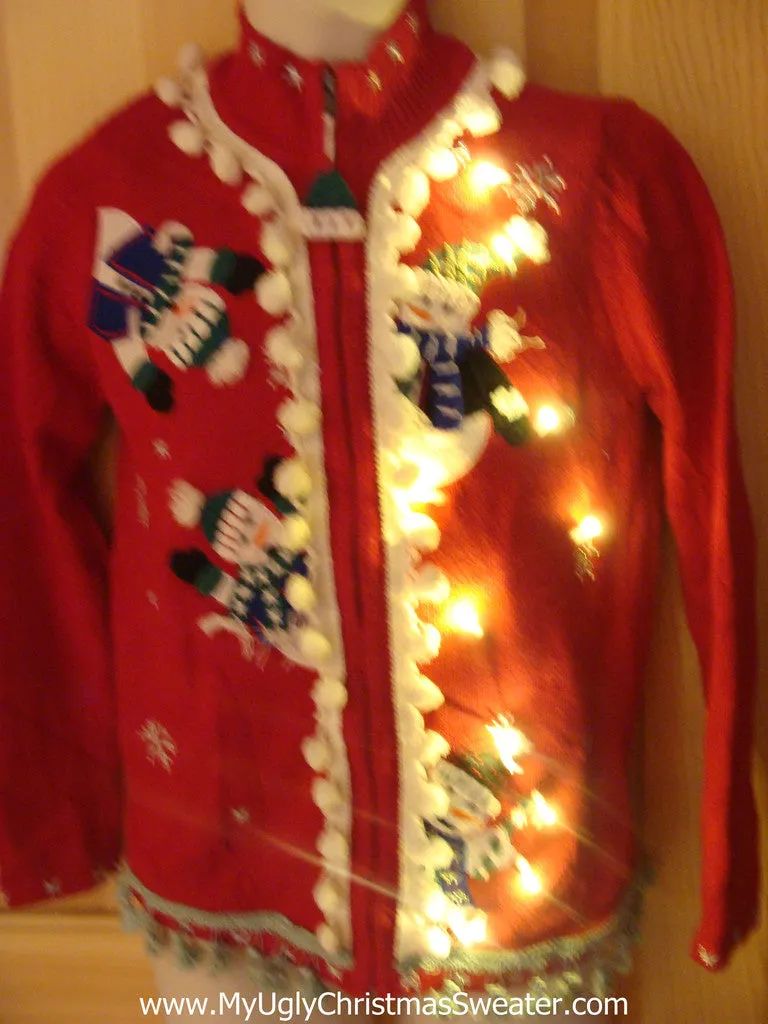 Tacky Ugly Christmas Sweater with Lights and Fringe. Peaking snowmen. 80s style padded shoulders.  (g24)