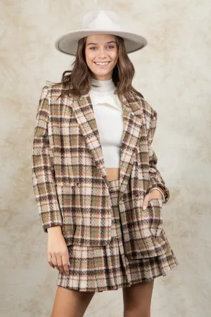 Taupe Mix Plaid Casual Wool Preppy Shacket Jacket Blazer/Skirt/Set