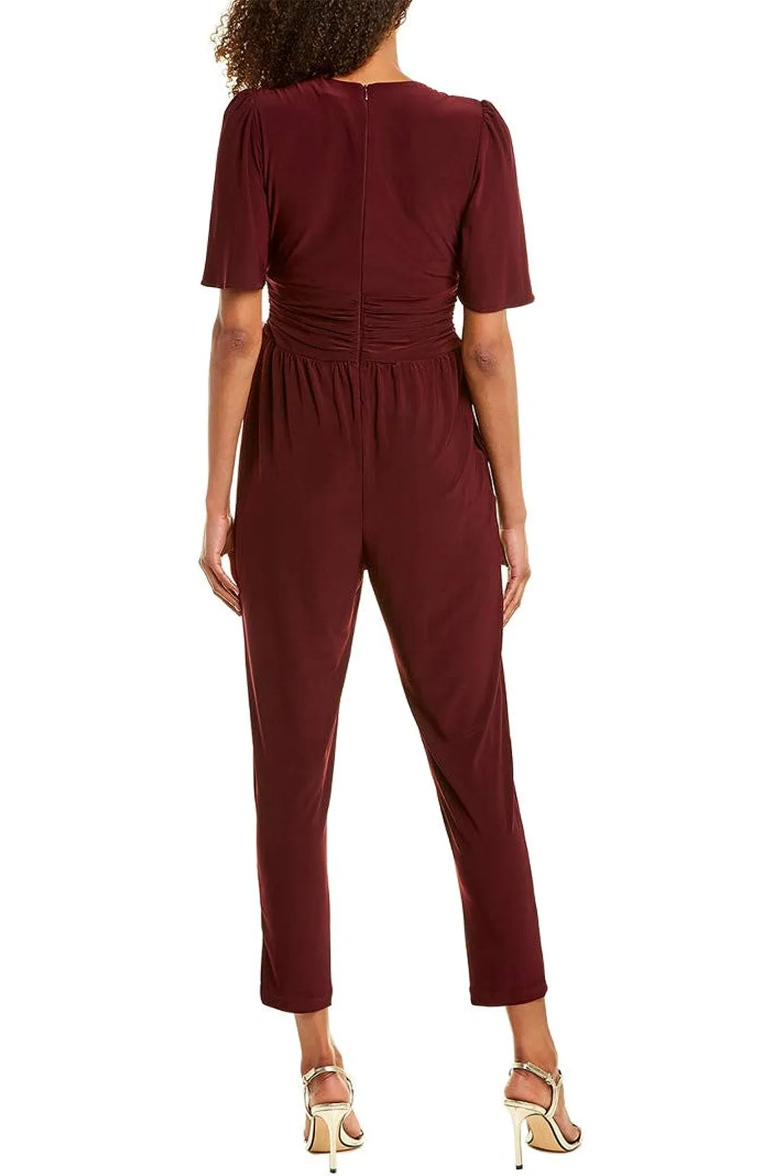 Taylor V-Neck Short Sleeve Ruched Zipper Back Solid Jersey Jumpsuit