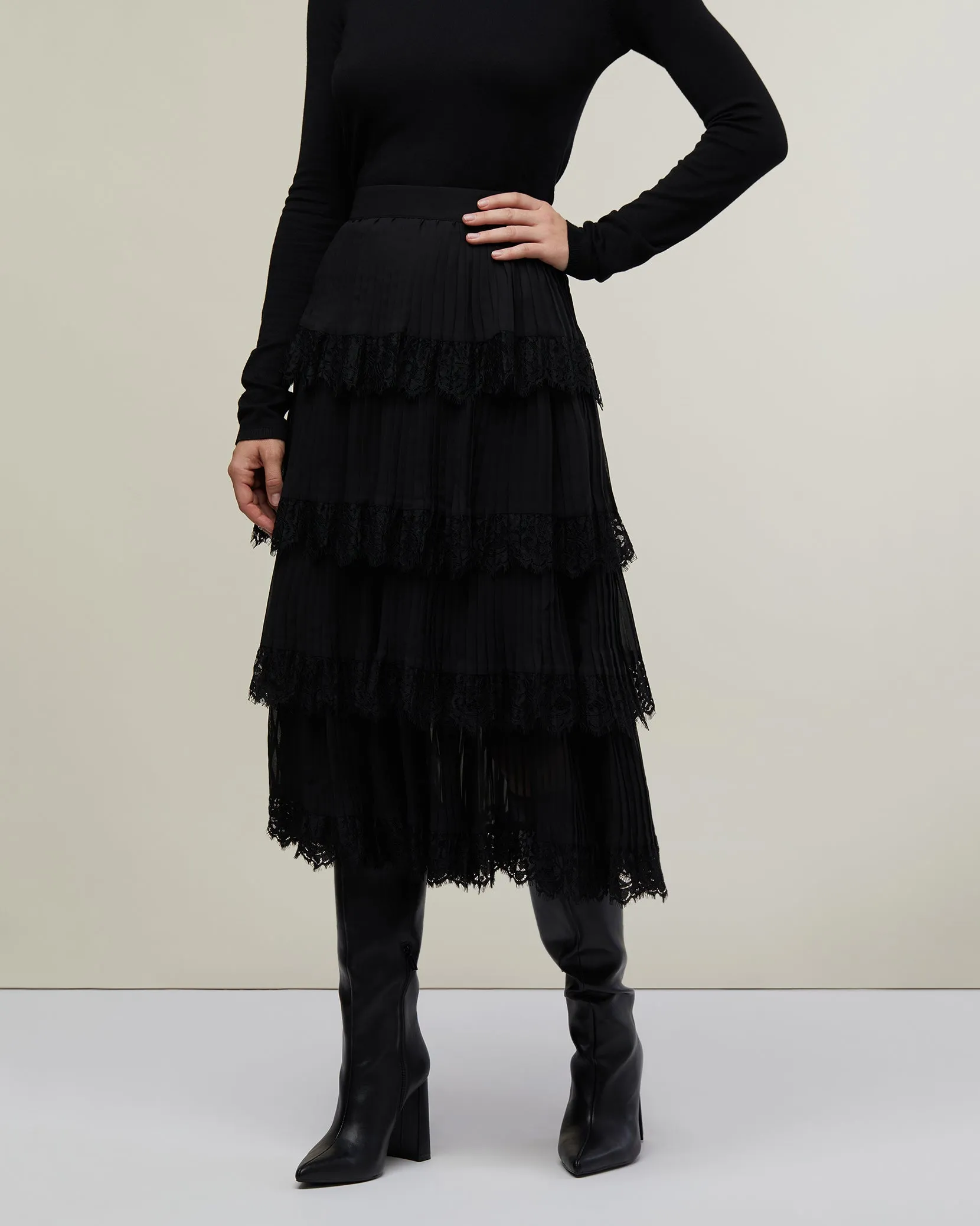 Tiered Pleated Skirt with Lace Trim