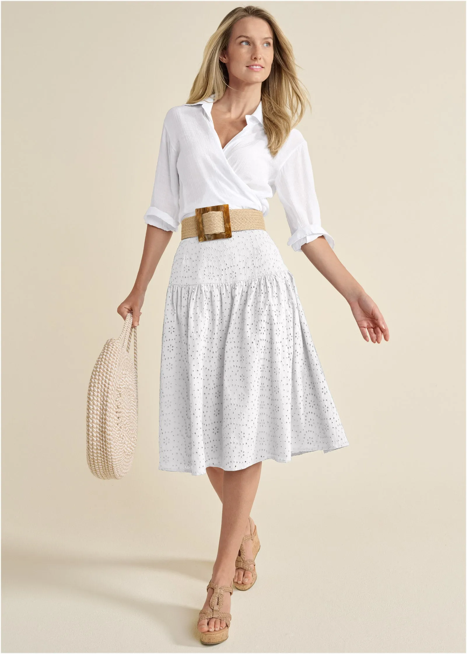 Two-Piece Eyelet Midi Dress - White