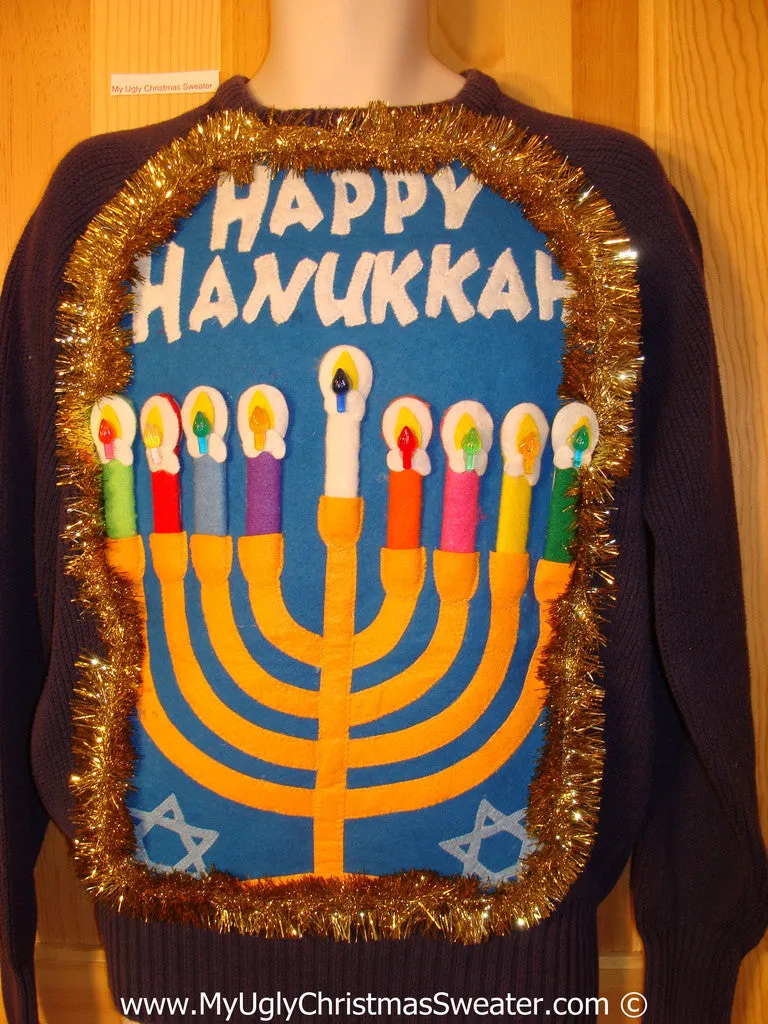 Ugly Christmas Sweater Party Hanukkah Sweater Mens with Menorah (j226)