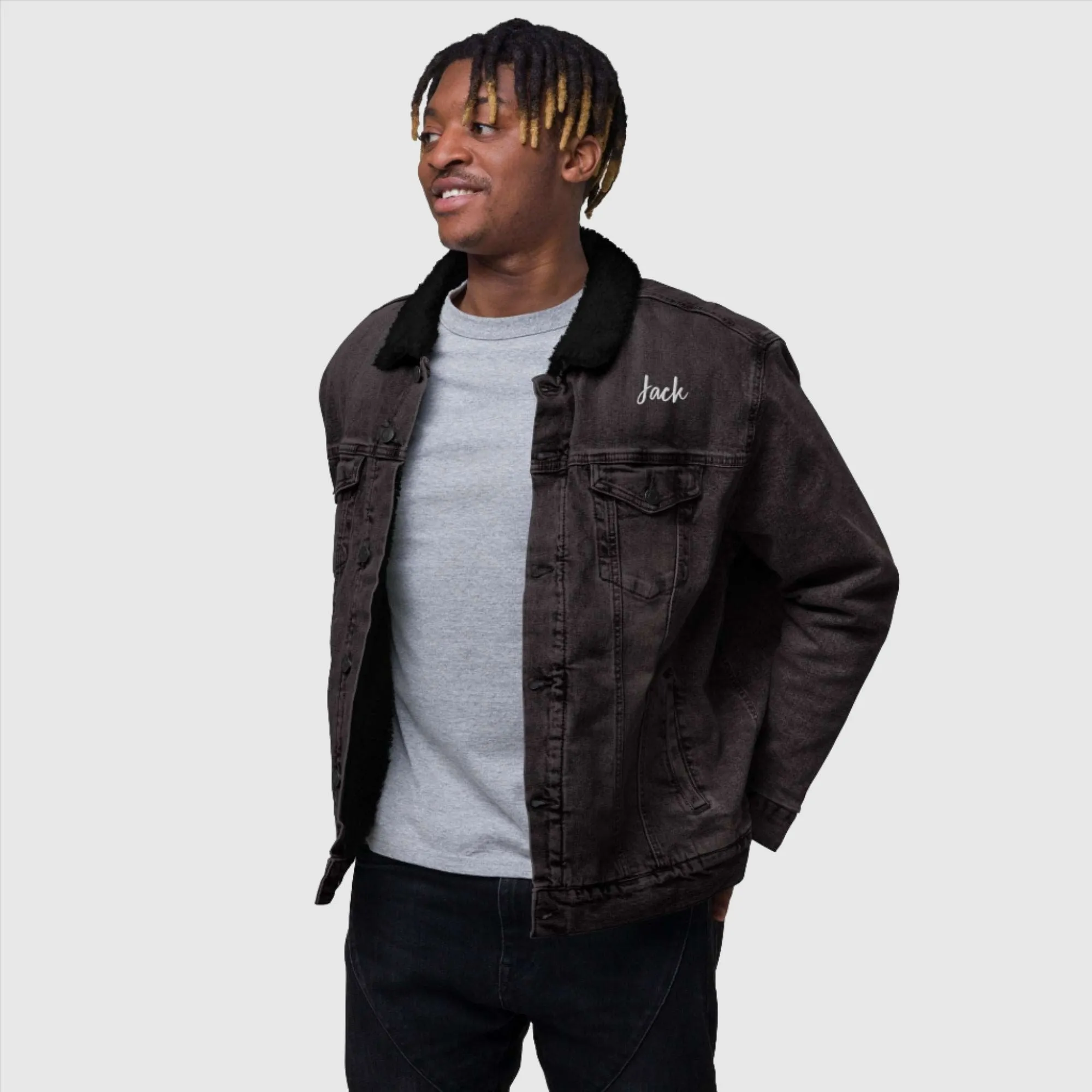 Unisex Custom Name and Icon Denim Sherpa Jacket