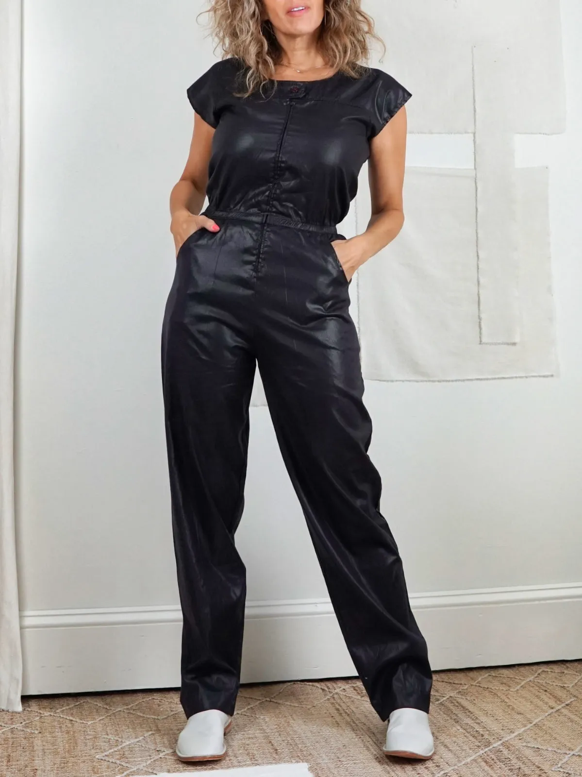 Vintage Black Wet Look Jumpsuit