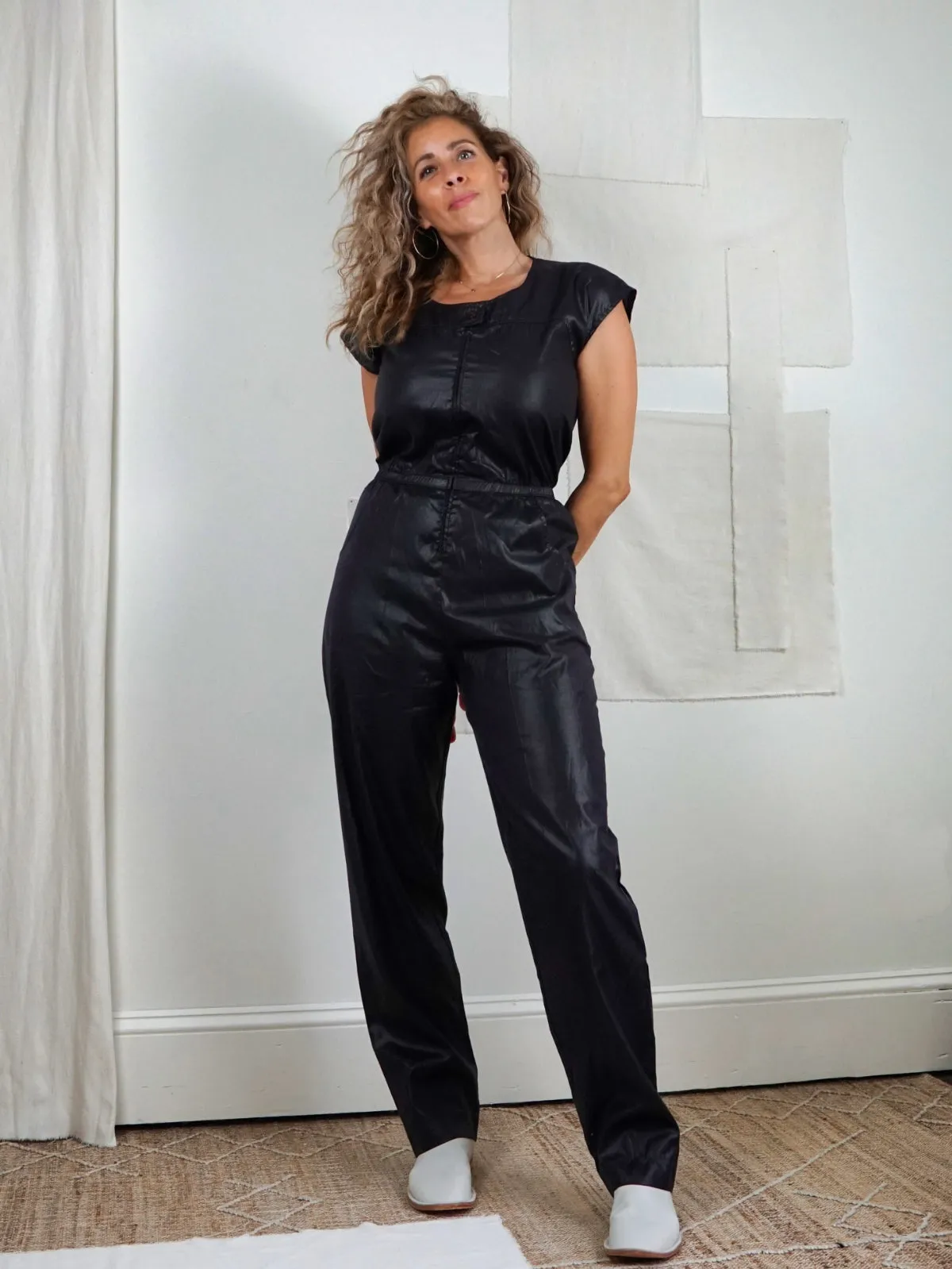 Vintage Black Wet Look Jumpsuit