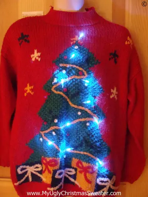 Vintage Red 80s Tacky Christmas Sweater with Tree and Lights