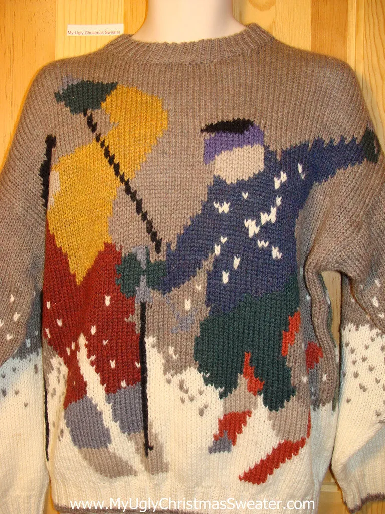 Vintage Tacky Ugly Christmas Sweater with Winter Wonderland Skiers. Two Sided Design. Classic 80s or Earlier.  (f305)