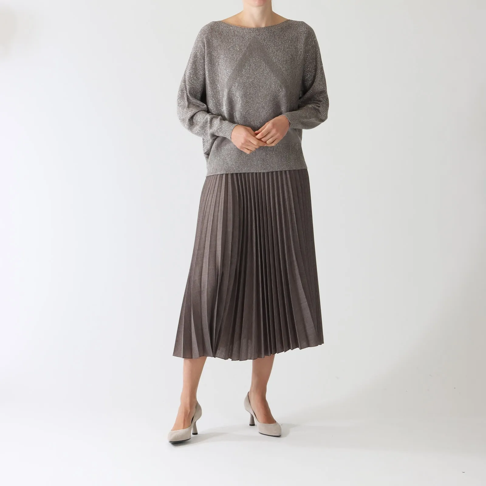 Visone Knit Waistband Pleat Midi Skirt