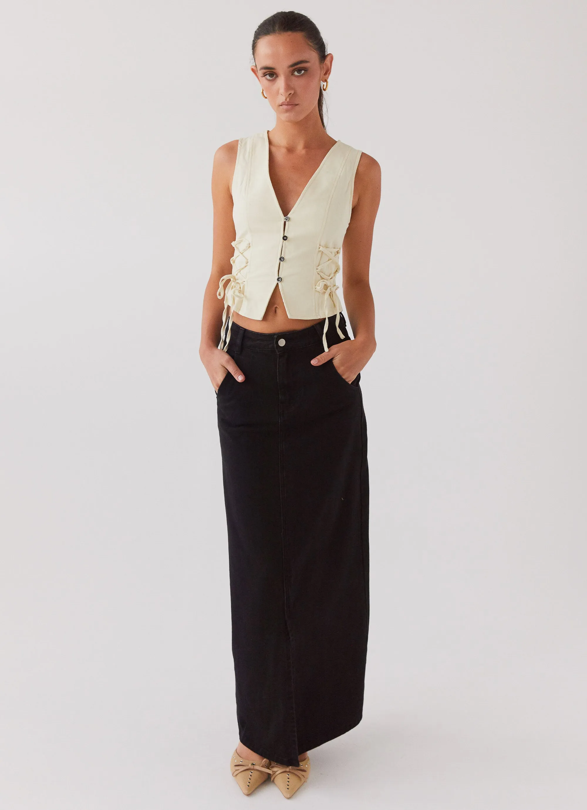 Walk This Way Denim Maxi Skirt - Black