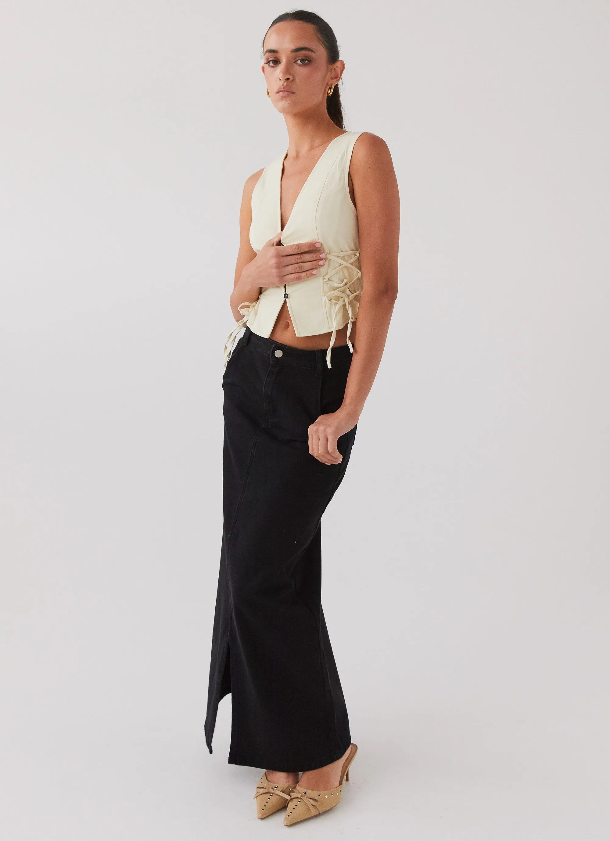 Walk This Way Denim Maxi Skirt - Black