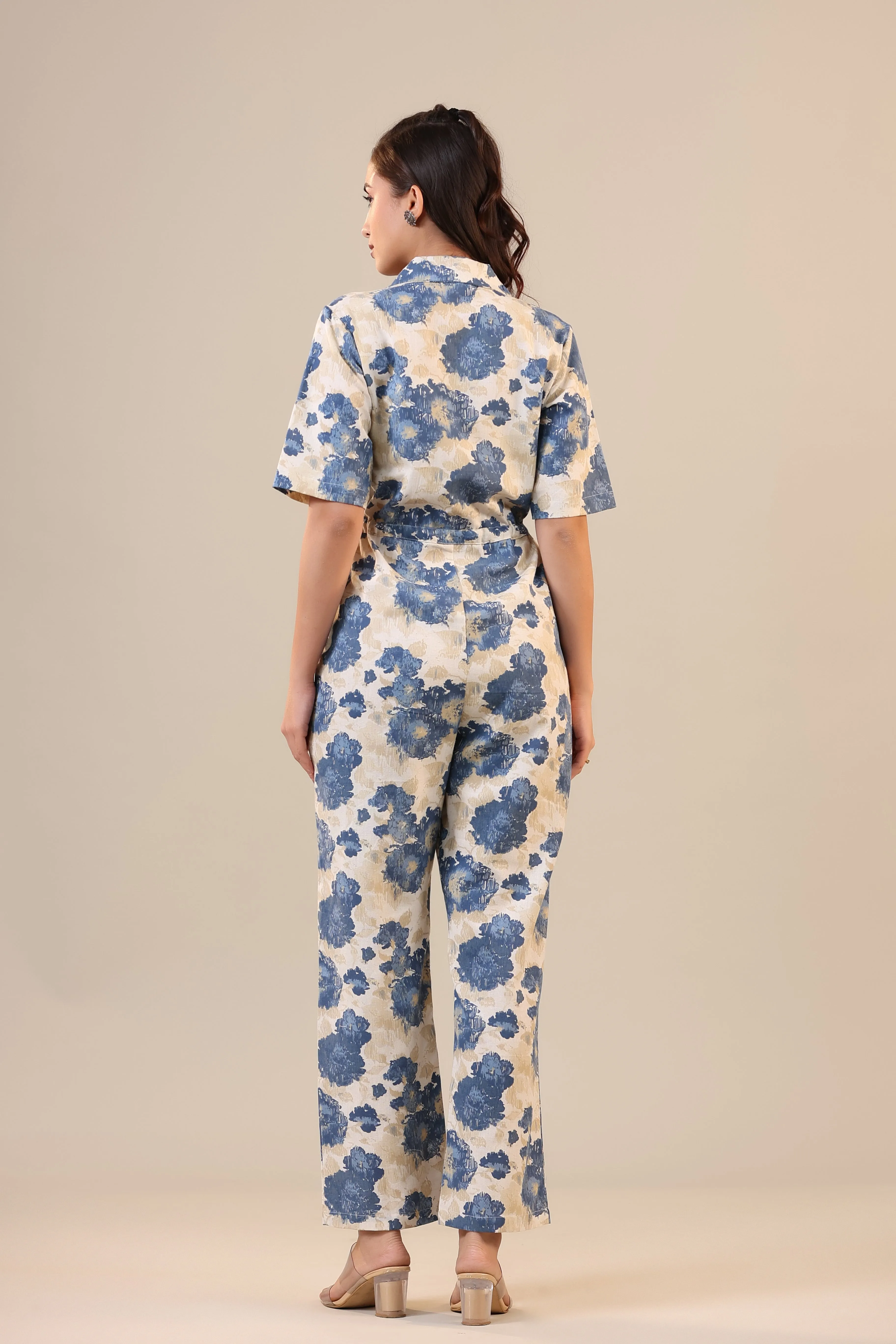 Watercolour Florals on Off white Cotton Flex Jumpsuit