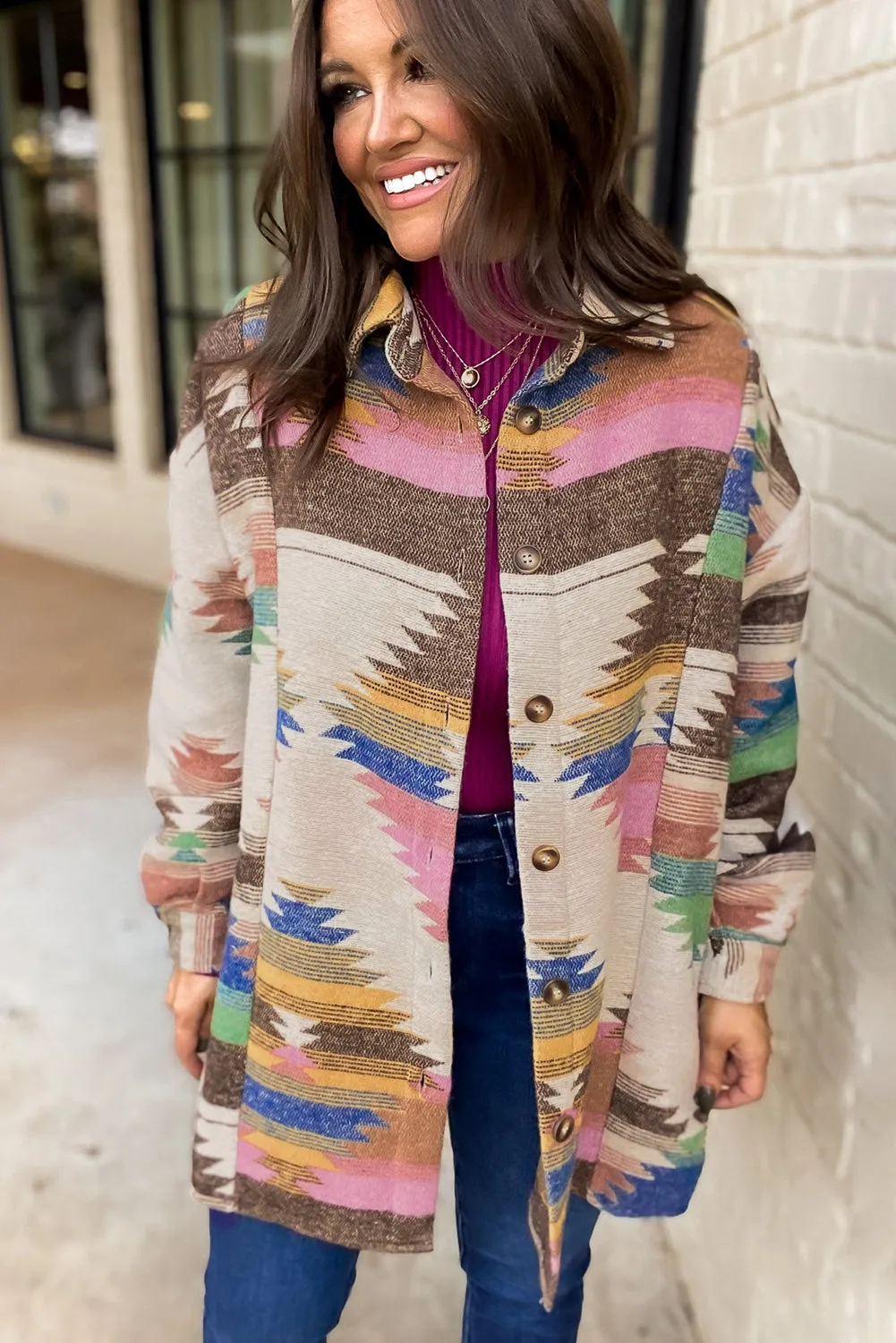 Western Multicolor Aztec Button Up Shacket