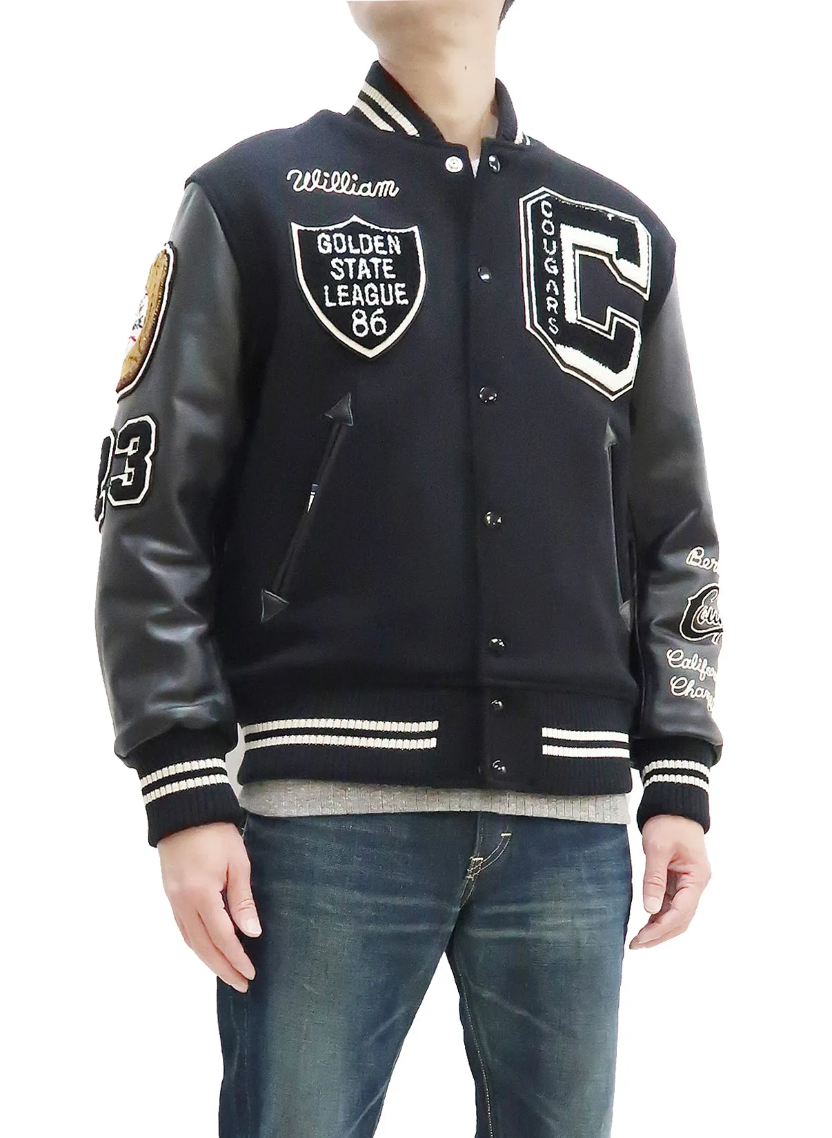 Whitesville Varsity Jacket Men's Letterman Jacket Melton x Leather Award Jacket WV15166 WV15166-119 Black x Black COUGARS