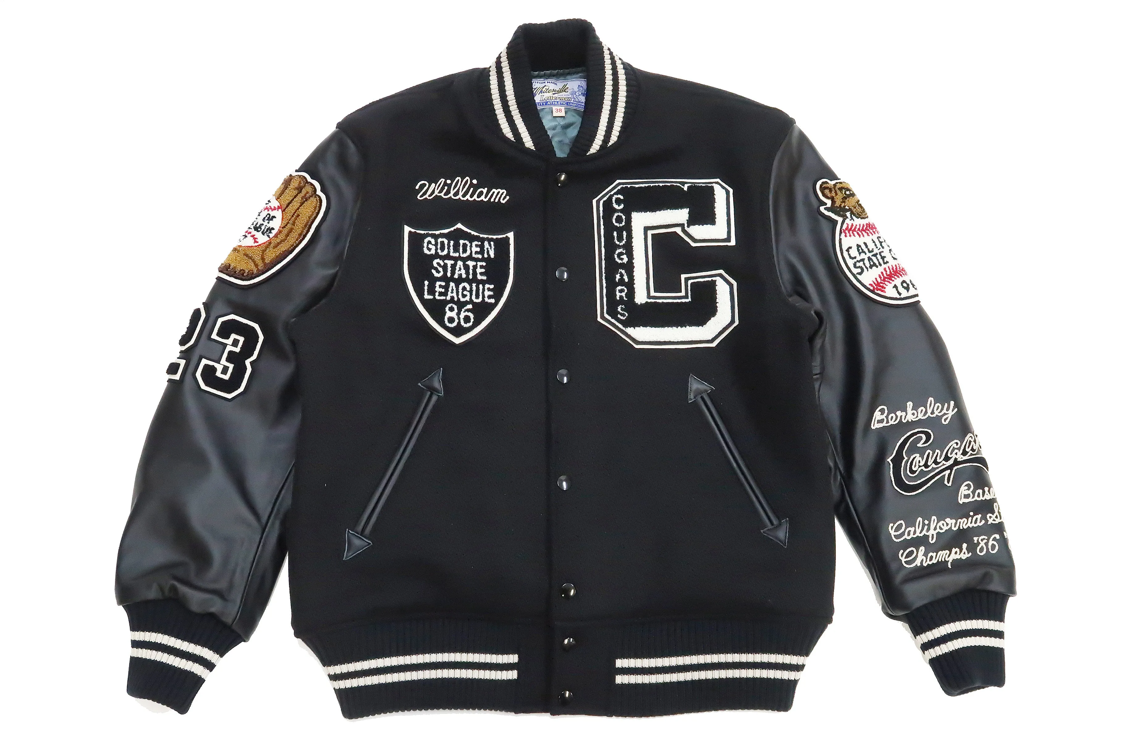 Whitesville Varsity Jacket Men's Letterman Jacket Melton x Leather Award Jacket WV15166 WV15166-119 Black x Black COUGARS