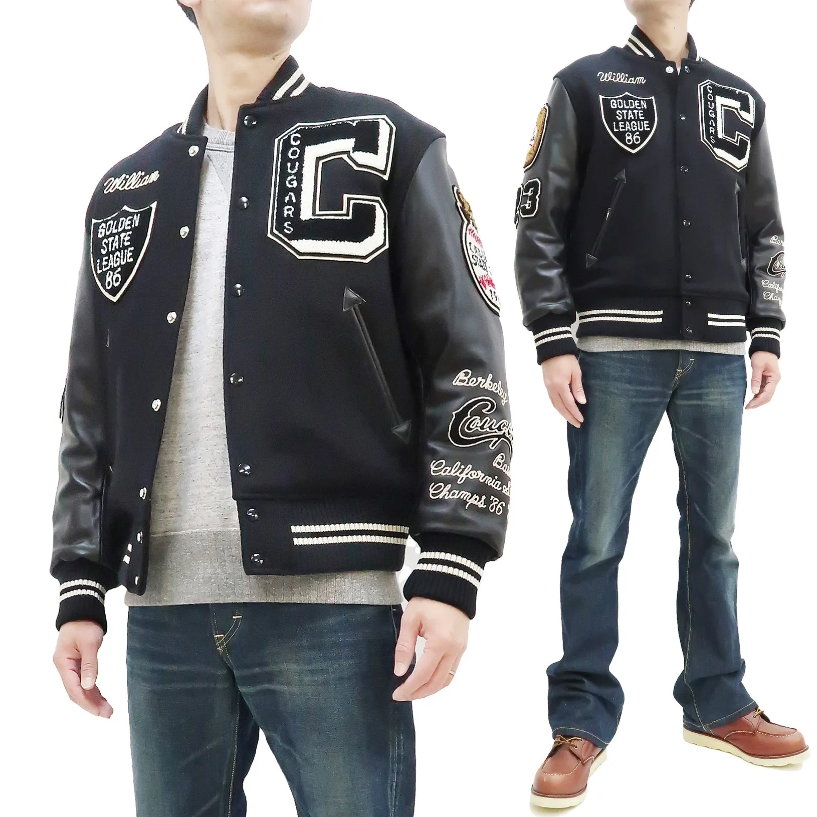 Whitesville Varsity Jacket Men's Letterman Jacket Melton x Leather Award Jacket WV15166 WV15166-119 Black x Black COUGARS