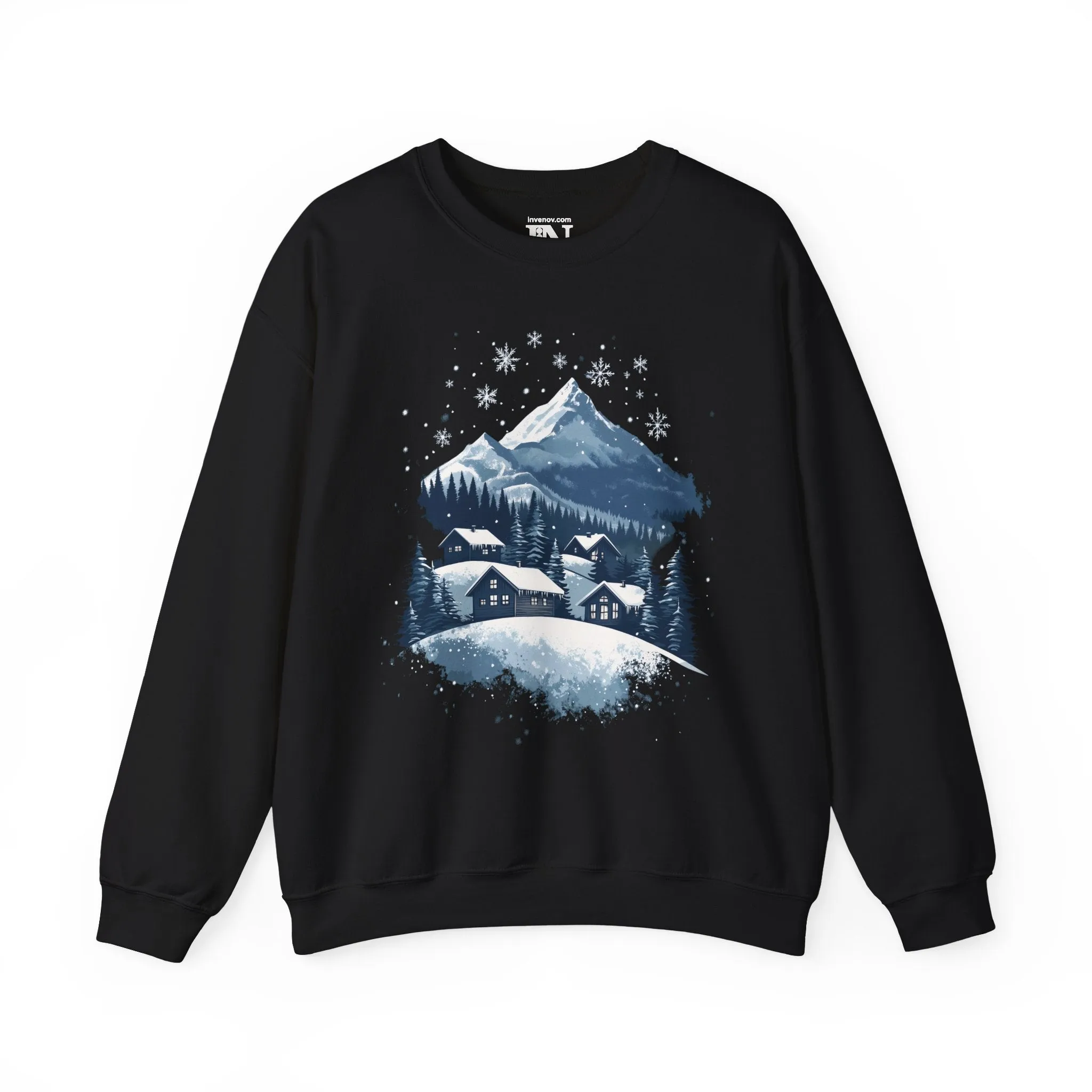 Winter Serenity Graphic Sweatshirt,  Peaceful Snowy Mountain Scene, Cozy Cabin, Minimalist Snowfall Design, Soft Blue White Silver Tone