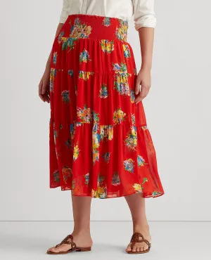 Woman Floral Georgette Midi Skirt In Red Multi