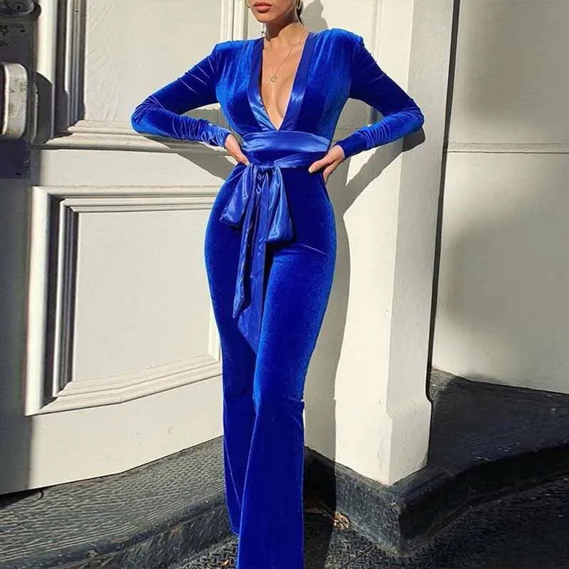 Women Long sleeve velvet jumpsuit deep V cocktail jumpsuit