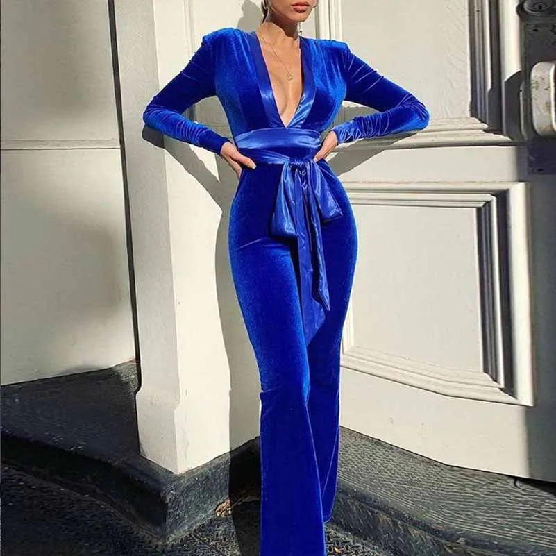 Women Long sleeve velvet jumpsuit deep V cocktail jumpsuit