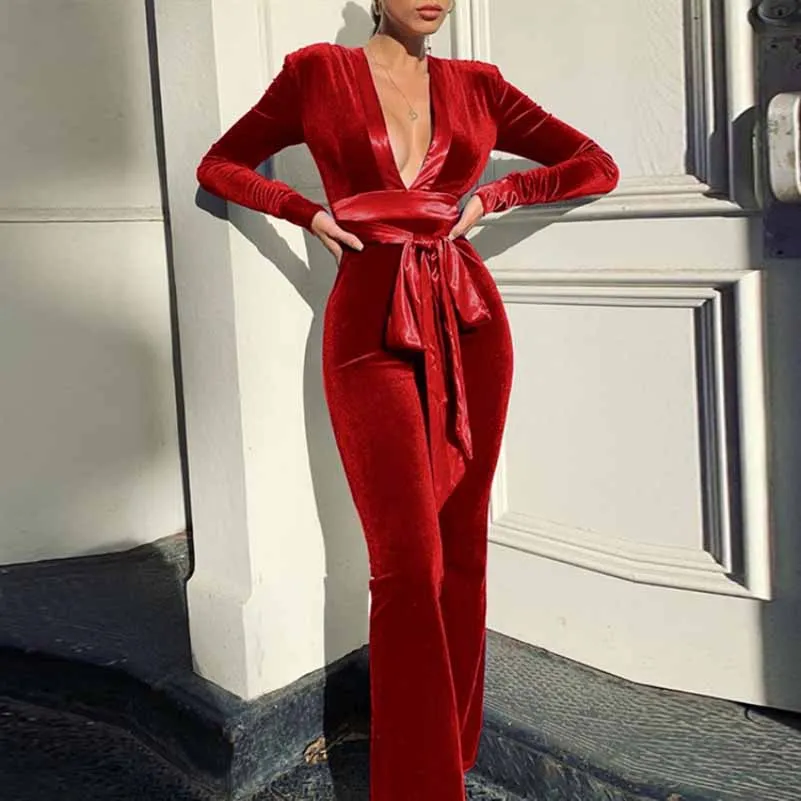 Women Long sleeve velvet jumpsuit deep V cocktail jumpsuit