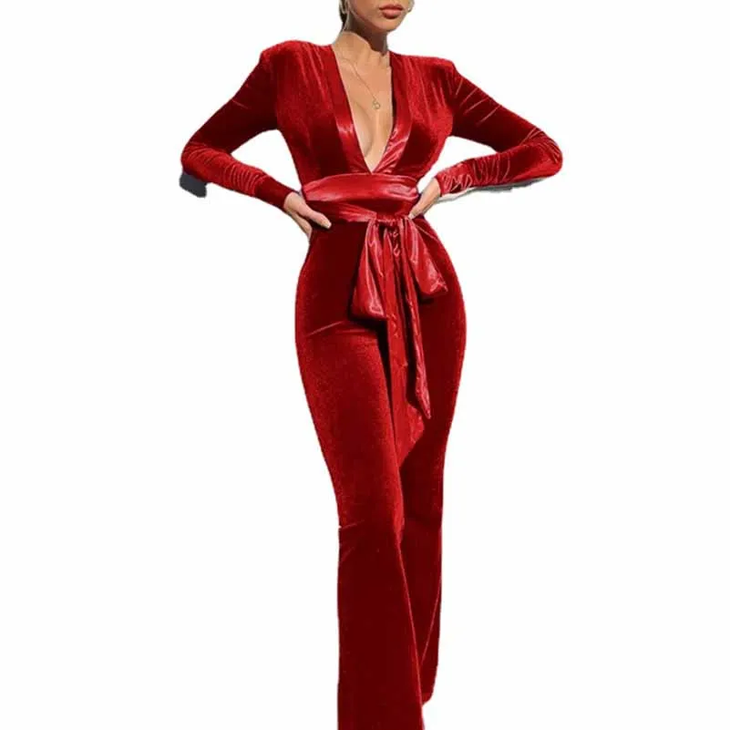 Women Long sleeve velvet jumpsuit deep V cocktail jumpsuit